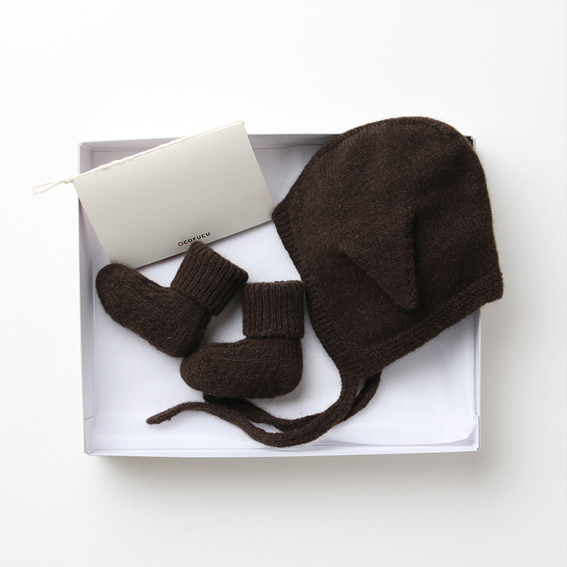 こひつじ帽子とブーティのセット(チョコレート)