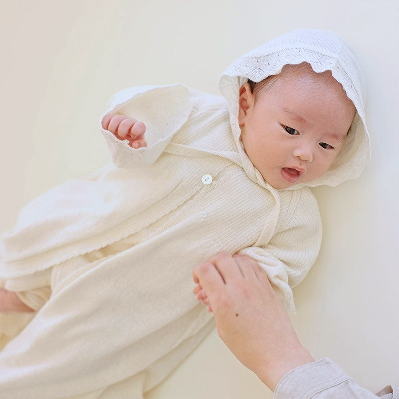 カシミヤ×シルク×コットン ベビードレス&帽子(アイボリー)