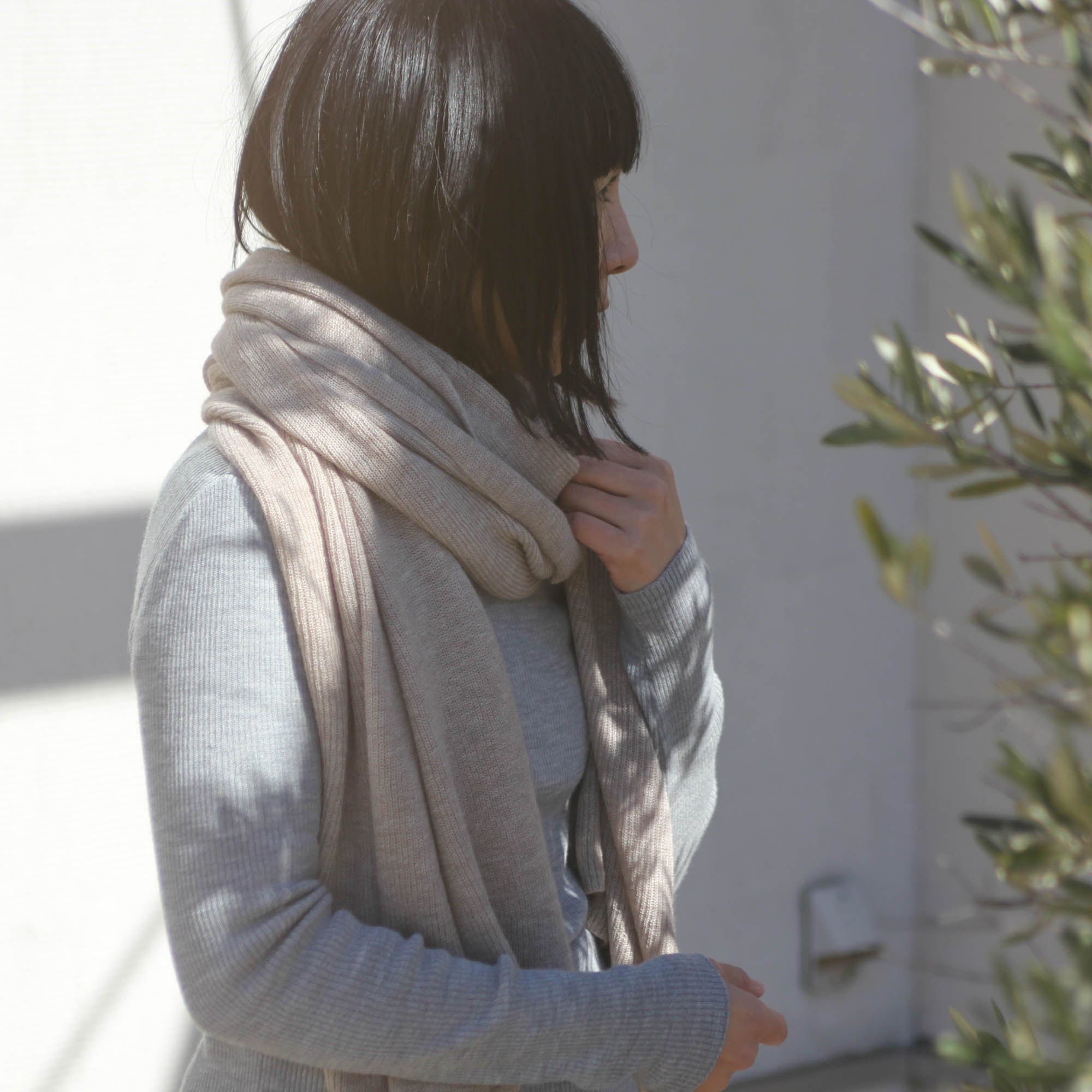 カシミヤ混ニットショール(ブラウン)