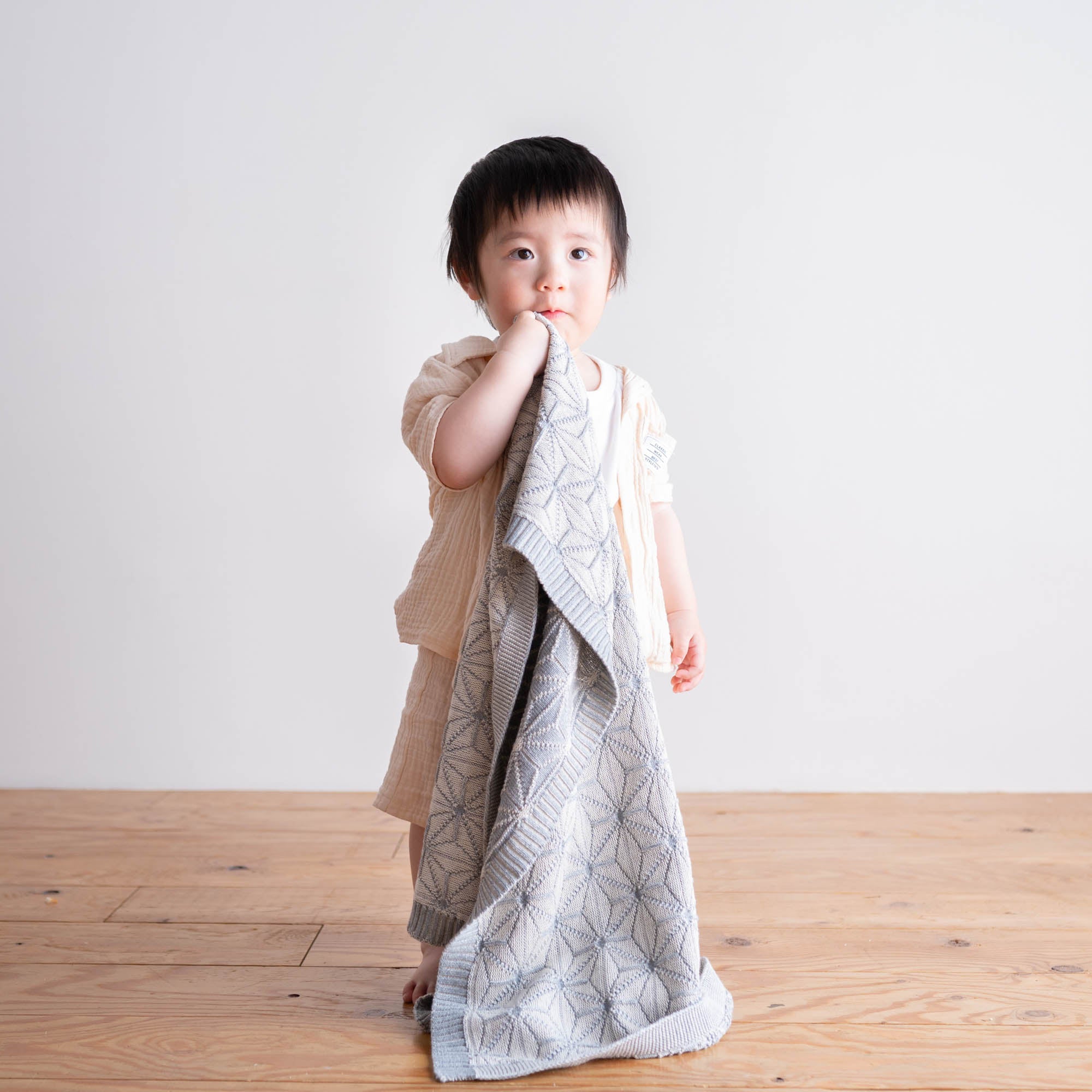 麻の葉柄ニットアフガンリバーシブル(紺青×生成)