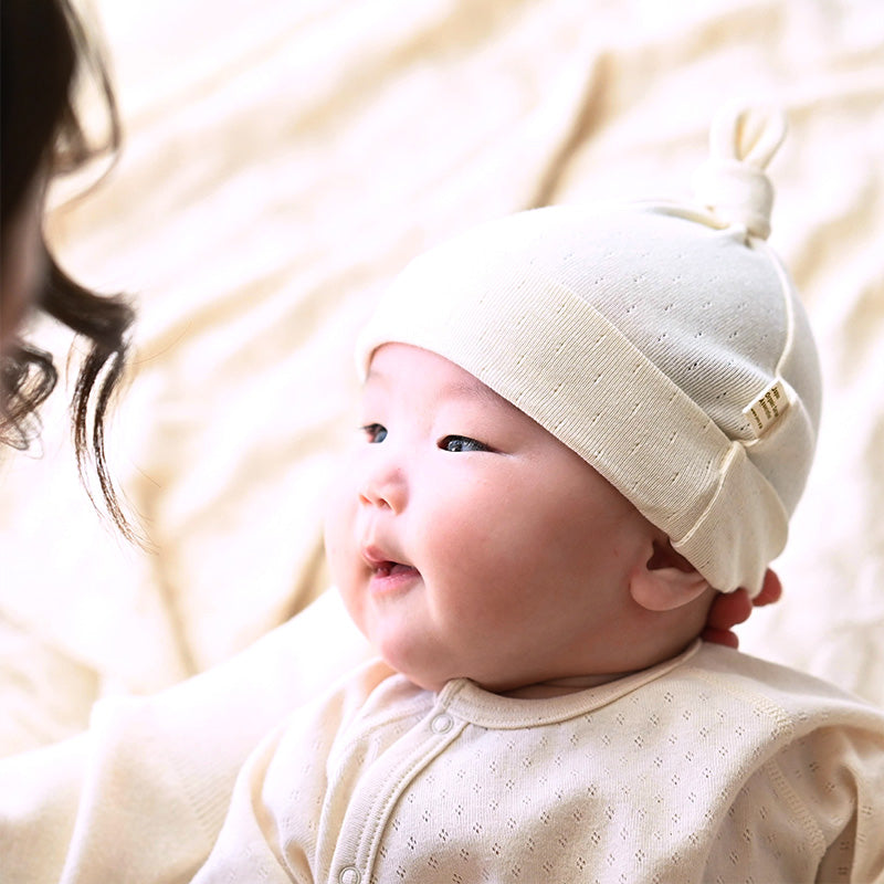 アイレット柄フライス生地結び帽