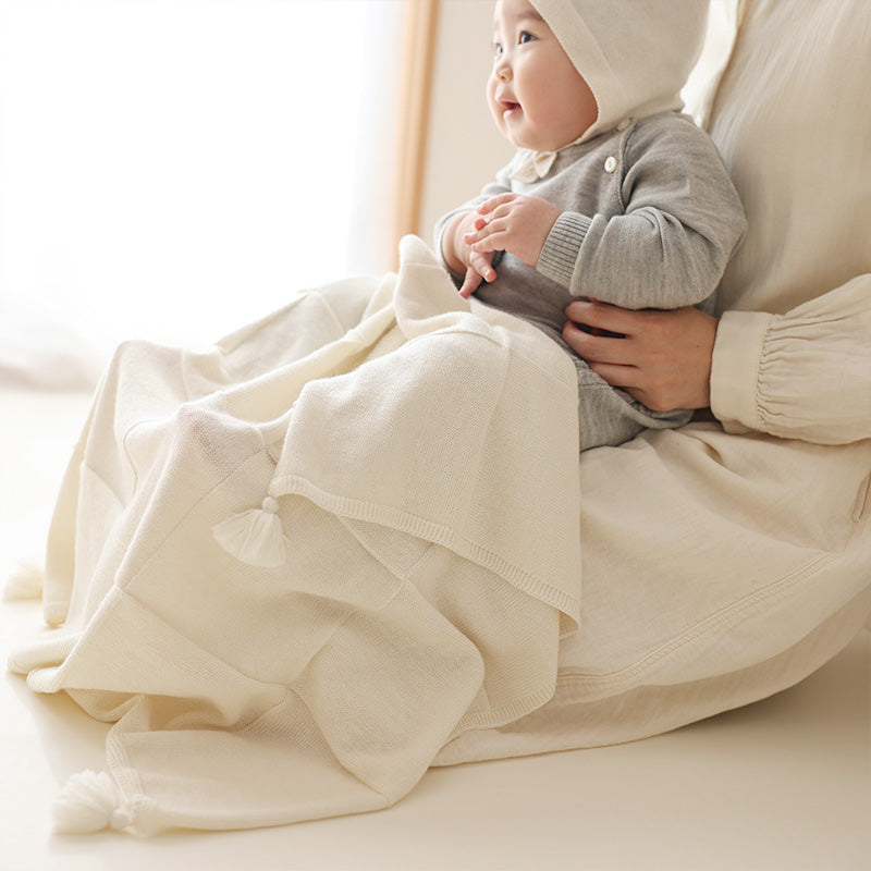 カシミヤ×シルク×コットン市松アフガン（アイボリー）